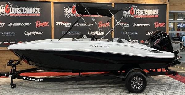 Tahoe T18 2025 Tahoe T18 boat on display with sleek design and black trailer.