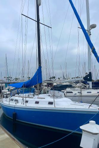Ericson Escapade 1980 Ericson Escapade sailboat docked in marina, featuring blue hull and white deck.