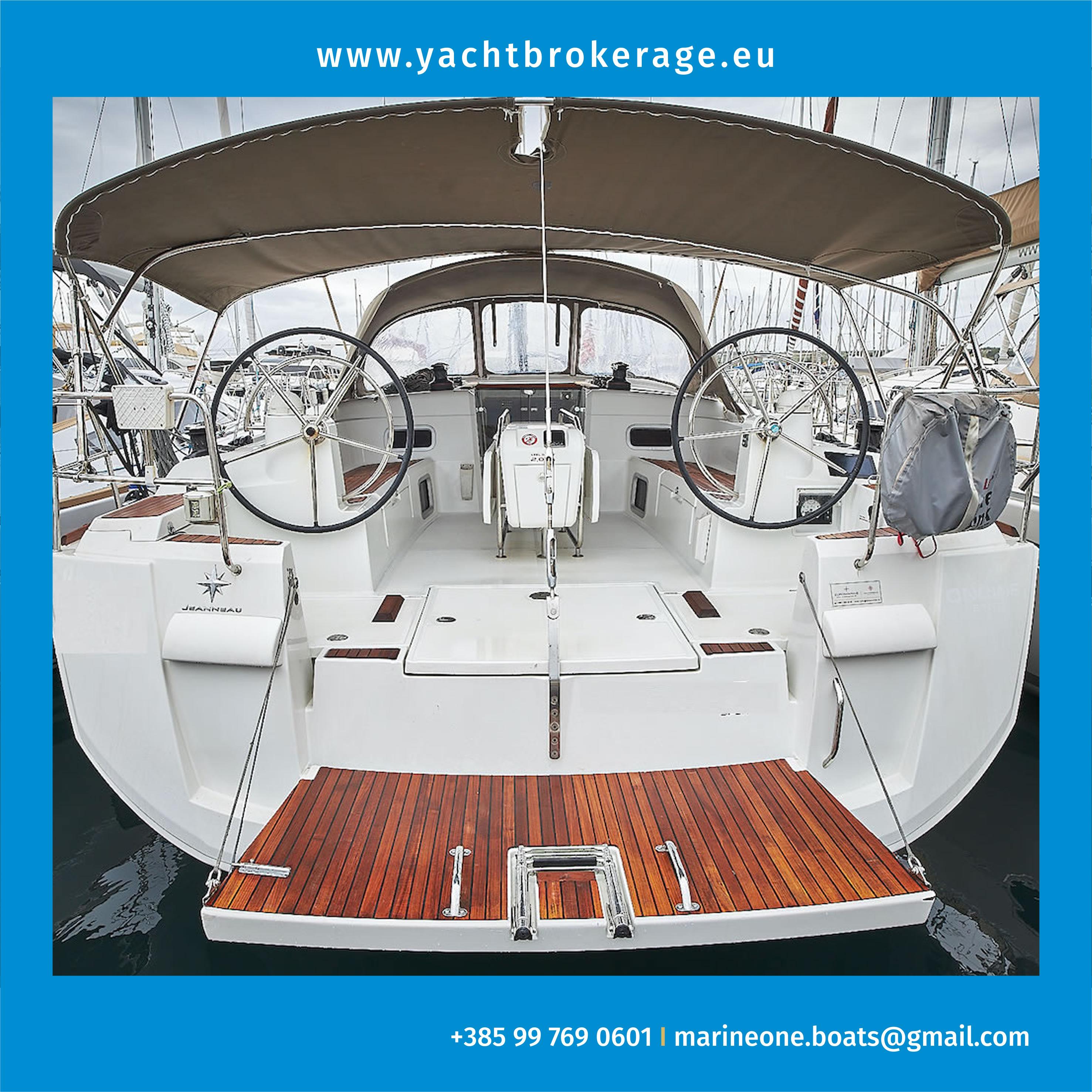 Jeanneau Sun Odyssey 519 2016 Jeanneau Sun Odyssey 519 yacht cockpit with dual steering wheels and teak deck.