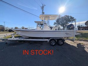 Bay Rider 239 Bay 2025 Bay Rider 239 Bay boat on trailer, sunny day, "In Stock" text displayed.