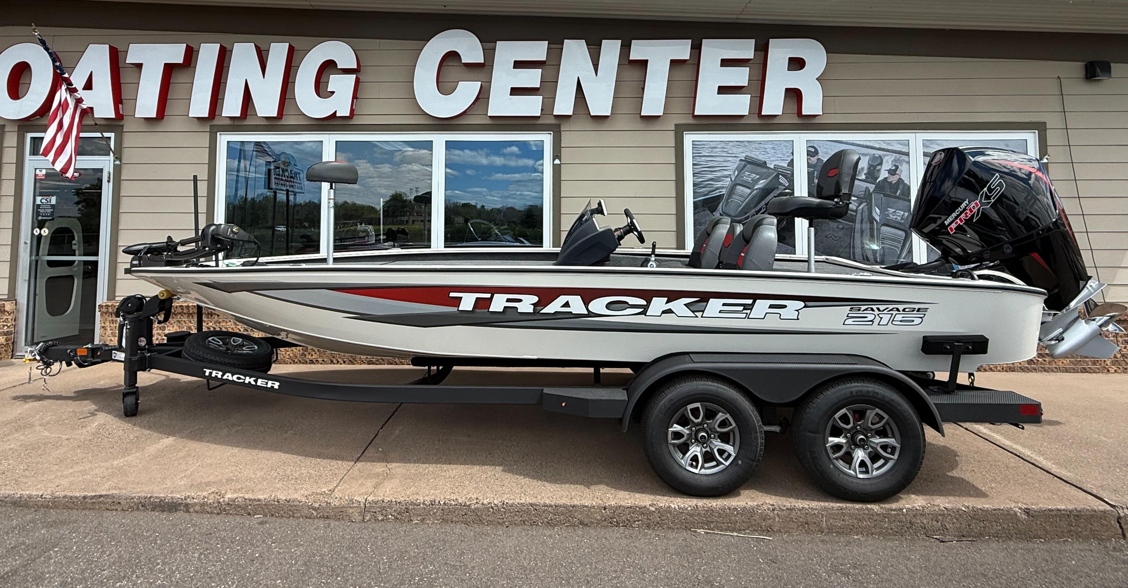Tracker Savage 215 2025 Tracker Savage 215 boat on trailer outside Boating Center.