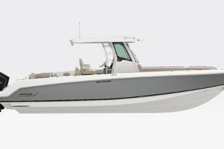 Boston Whaler 330 Outrage 2026 Boston Whaler 330 Outrage boat, sleek design, side view, white and gray color scheme.