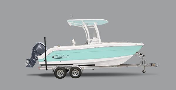 Robalo R222 Center Console 2025 Robalo R222 Center Console boat on trailer, side view.
