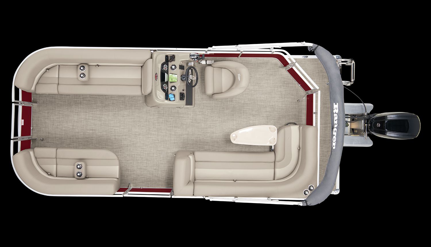 Ranger Reata 2021 Ranger REATA boat interior, top view, featuring beige seating and steering console.
