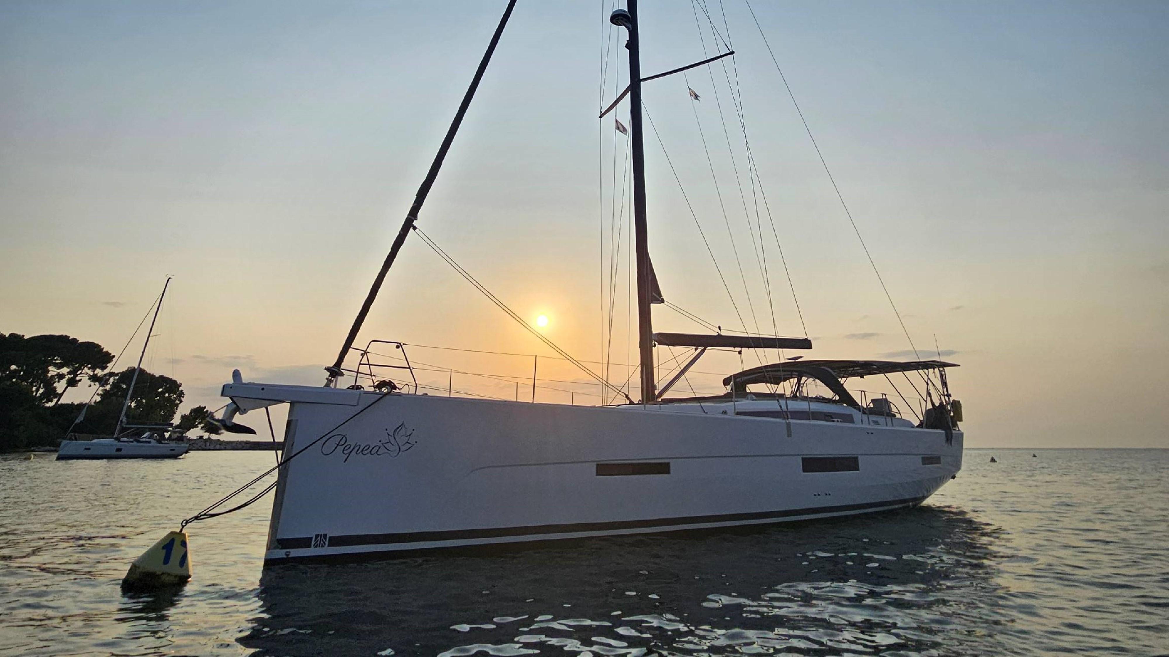 Dufour Exclusive 56 2020 Dufour Exclusive 56 yacht at sunset on calm waters.