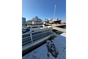 Landau 232 2024 Island Breeze 232 boat docked at marina with clear blue sky.