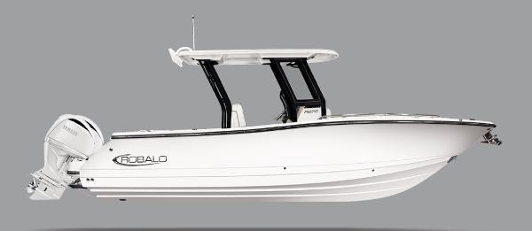 Robalo R270 Center Console 2025 Robalo R270 Center Console boat, sleek white design, side view.