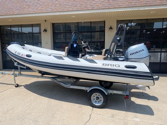 Brig Navigator 485 2021 Brig Navigator 485 boat on trailer with Honda outboard motor.