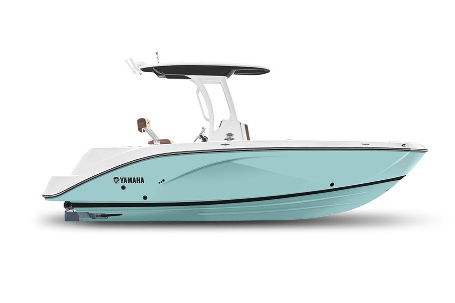 Yamaha Boats 222 FSH Sport E Manufacturer Provided Image: 2026 Yamaha Boats 222 FSH Sport E, sleek design, light blue hull, side view.