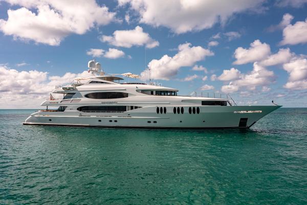 Trinity Yachts CUSTOM Luxurious 2011 Trinity Yachts CUSTOM yacht on clear blue water under a partly cloudy sky.