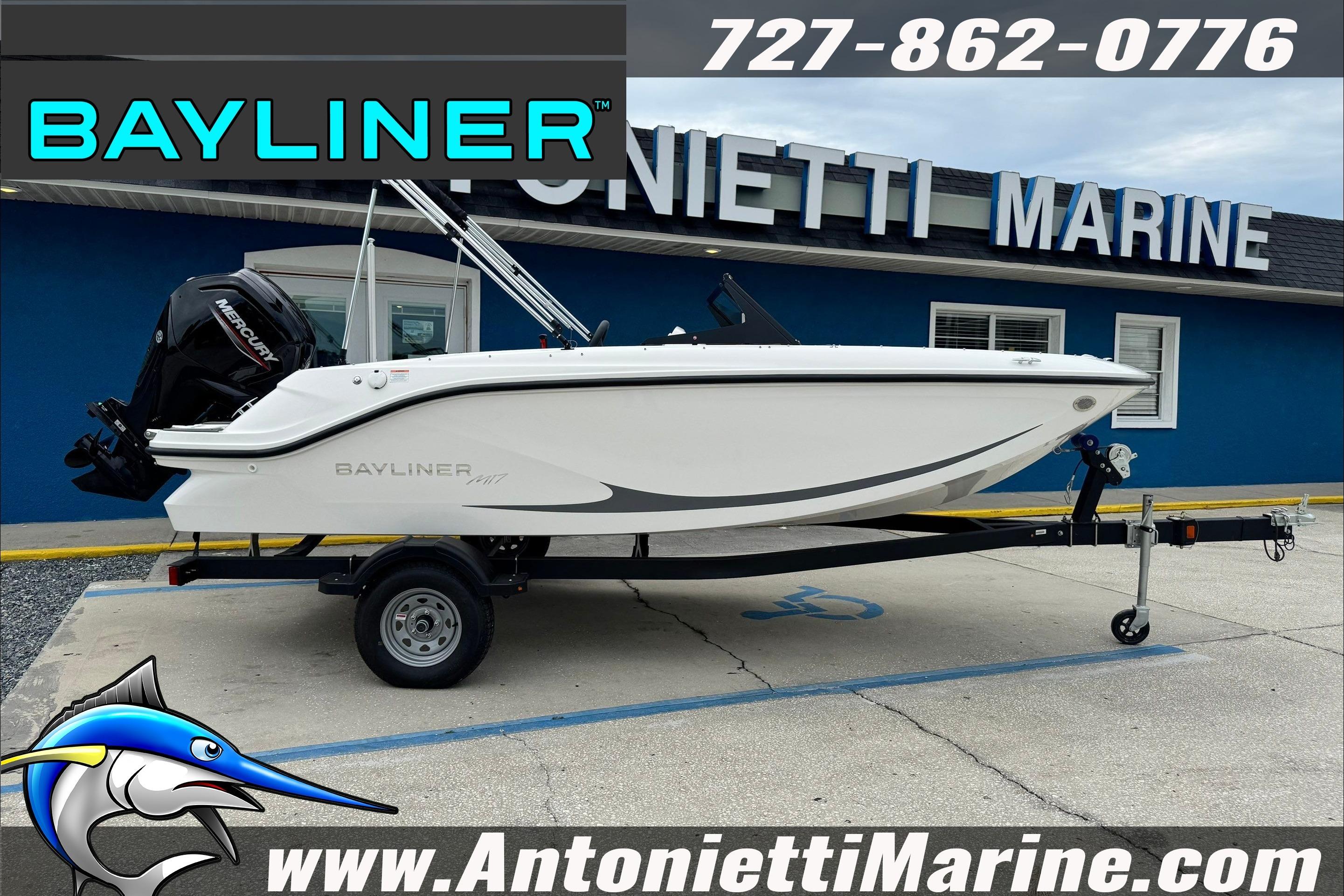Bayliner Element M17 2026 Bayliner Element E17 boat on trailer at Antonietti Marine dealership.