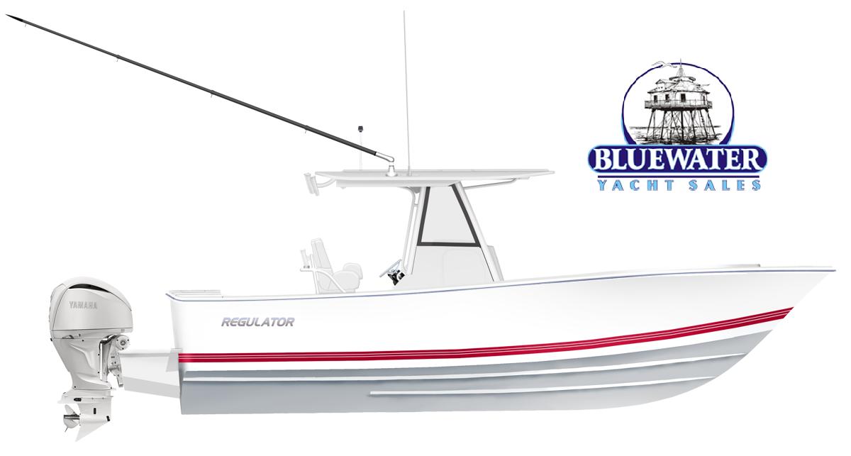 Regulator 28 2026 Regulator 28 boat with Yamaha engine, Bluewater Yacht Sales logo.