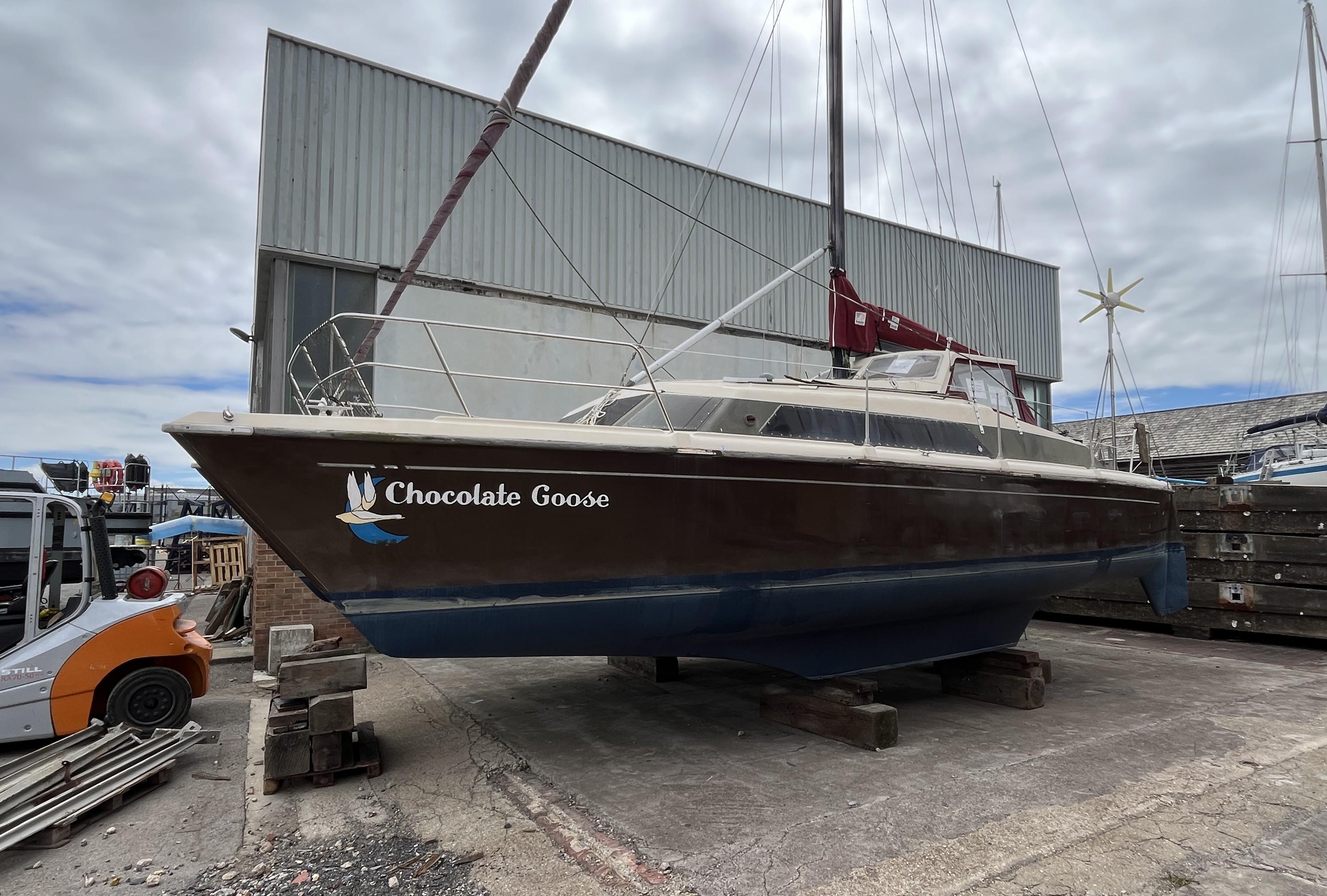 Prout Snowgoose 1983 Prout Snowgoose catamaran named "Chocolate Goose" on dry dock, with overcast sky.