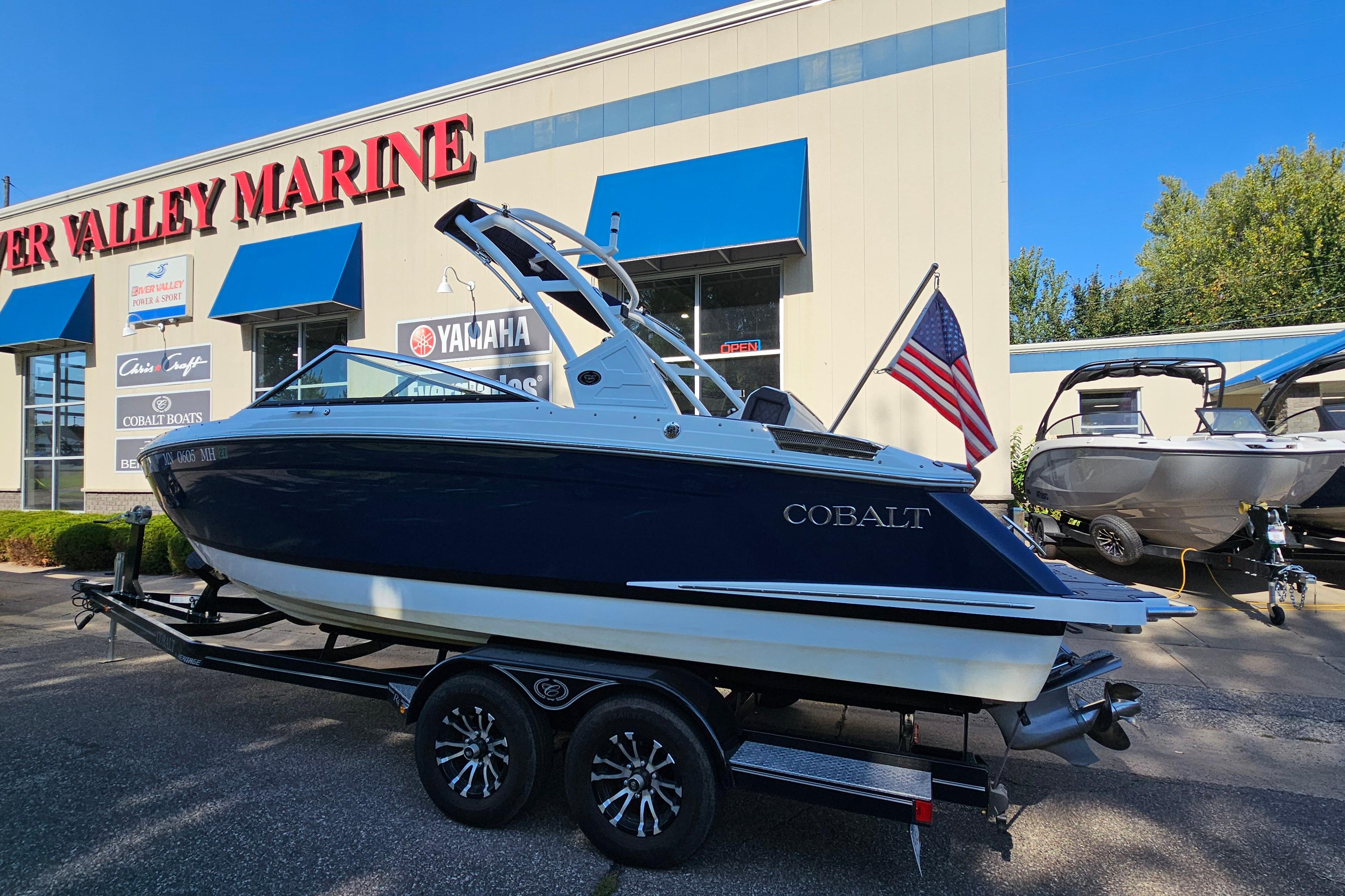 Cobalt R4 2022 Cobalt R4 boat on trailer outside River Valley Marine dealership.