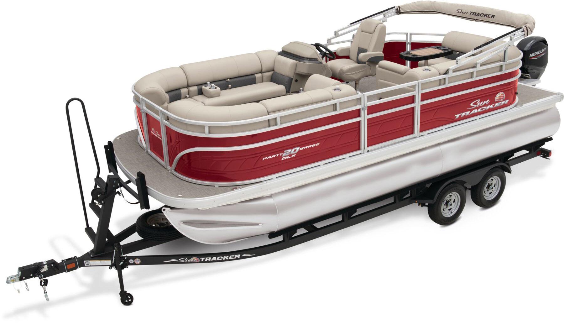 Sun Tracker Party Barge 20 DLX 2026 Sun Tracker Party Barge 20 DLX pontoon boat on trailer, red and beige design.