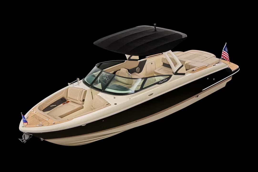 Chris-Craft Sportster 28 Manufacturer Provided Image: 2025 Chris-Craft Sportster 28 boat with sleek design and American flags, on black background.