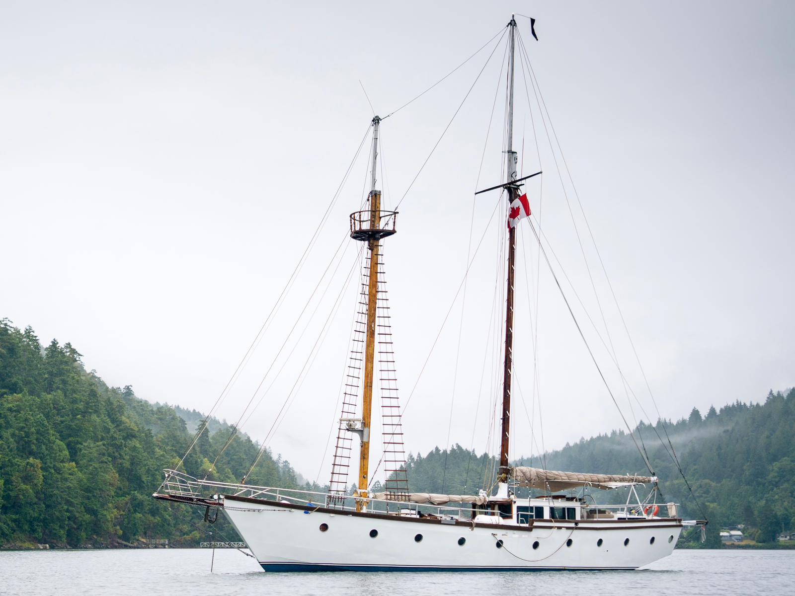 Custom Staysail Schooner Vintage 1975 Custom Staysail Schooner anchored near lush green shoreline.