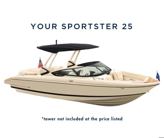 Chris-Craft Sportster 25 2026 Chris-Craft Sportster 25 boat, beige exterior, black canopy, flags, text notes tower exclusion.