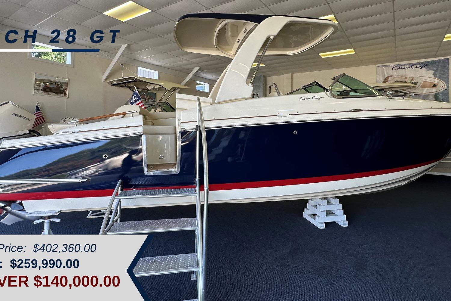 Chris-Craft Launch 28 GT 2024 Chris-Craft Launch 28 GT boat in showroom, priced at $259,990, discounted over $140,000.
