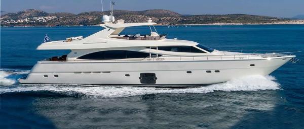 Ferretti Yachts 830 2007 Ferretti Yachts 830 cruising on blue waters, scenic coastline in background.