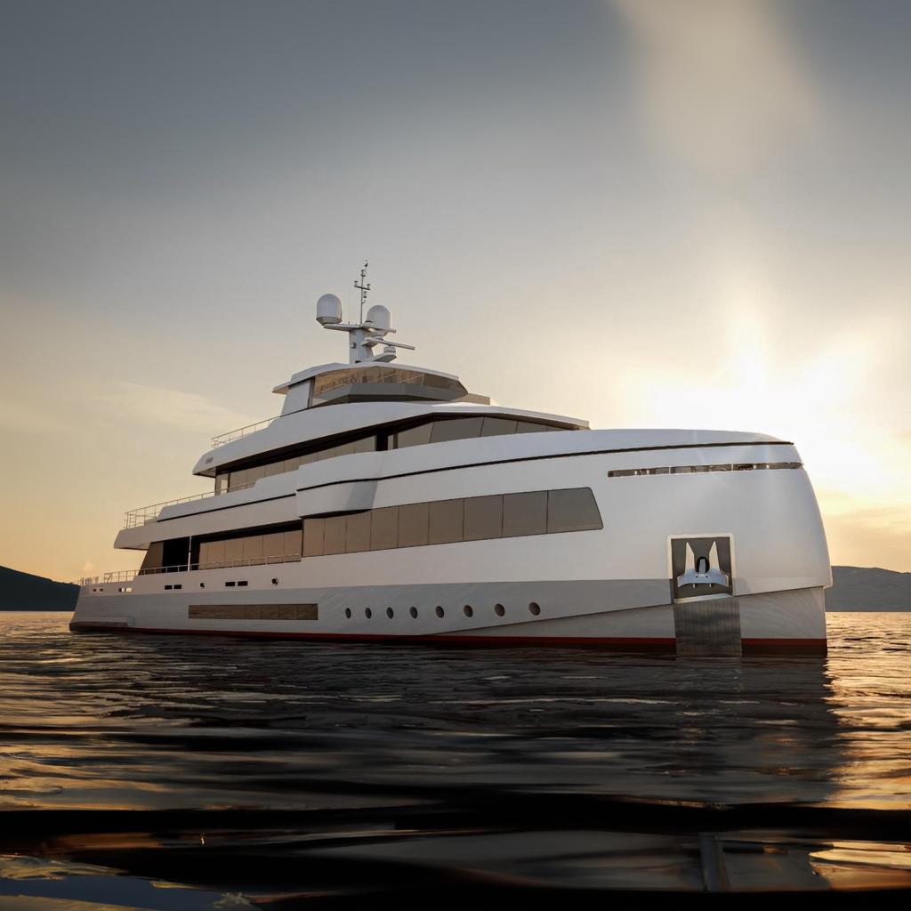 Inace Explora 131 Luxurious Inace Explora 131 yacht on serene waters at sunset, 2028 model.