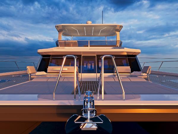 Custom Omaya 50 Power Catamaran 2025 Custom Omaya 50 Power Catamaran at sunset, showcasing sleek design and modern features.