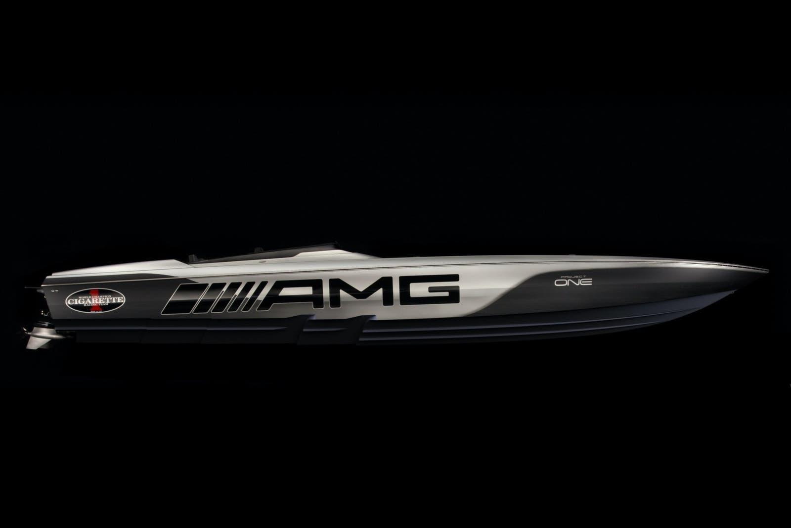 Cigarette 515 2025 Cigarette 515 AMG speedboat, sleek design, side view, black background.
