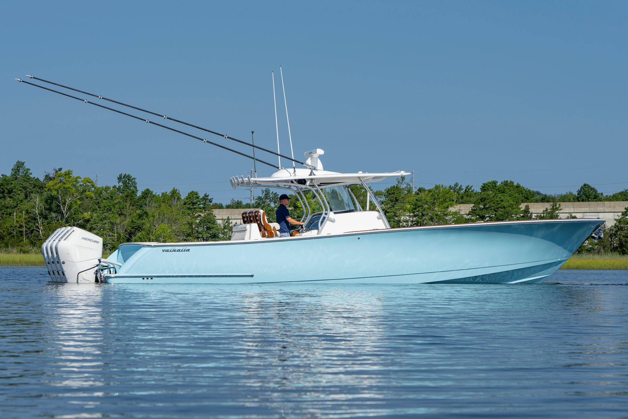 Valhalla Boatworks V-41 2025 Valhalla Boatworks V-41 in calm waters, featuring sleek design and powerful engines.
