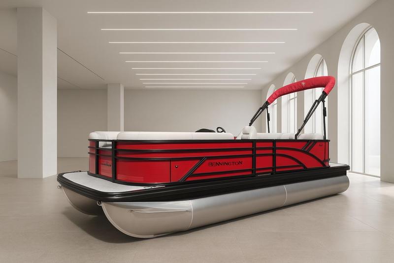 Bennington S Quad Bench 20 SSR 2026 Bennington S Quad Bench 20 SSR pontoon boat in modern showroom.