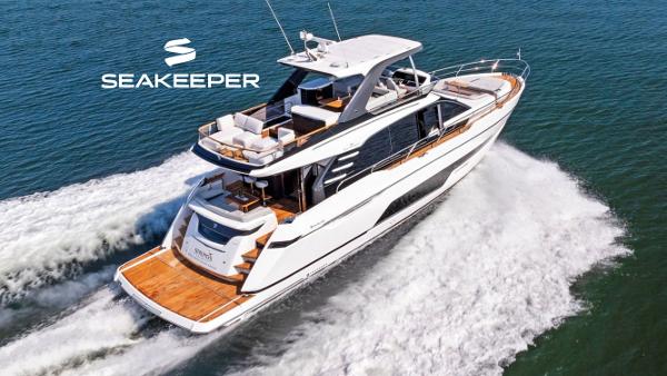 Fairline 2024 Squadron 68 2024 Fairline Squadron 68 yacht cruising on open water, featuring Seakeeper technology.