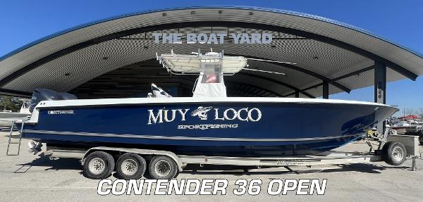 Contender 36 2005 Contender 36 boat on trailer at The Boat Yard, labeled "MUY LOCO Sportfishing."