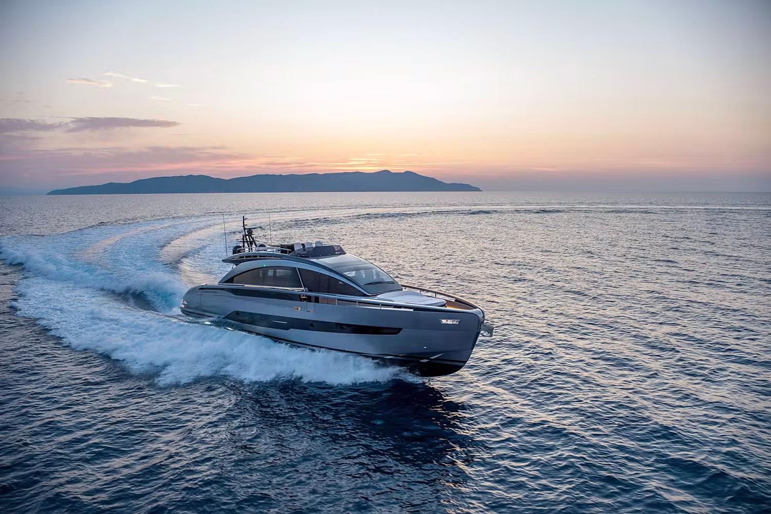 Pershing GTX80 2025 Pershing GTX80 yacht cruising at sunset on open sea.