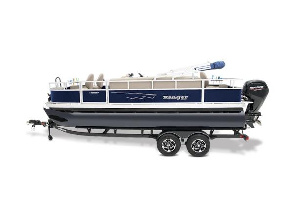 Ranger 200F 2024 Ranger 200F pontoon boat on trailer, side view, blue and white design.