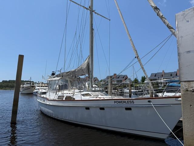 Irwin 52 Sailboat docked at marina, 1989 Irwin 52 model, named "Powerless."