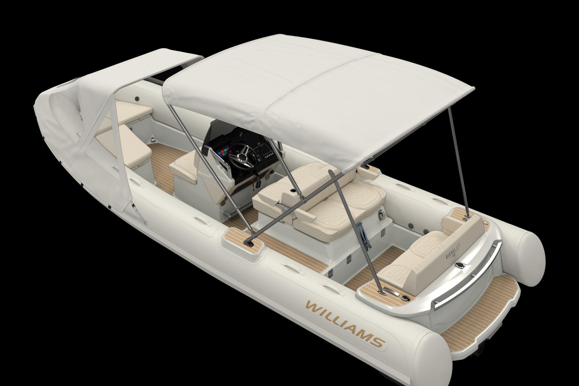 Williams Jet Tenders Dieseljet 625 2025 Williams Jet Tenders Dieseljet 625 with canopy, luxury seating, and sleek design.