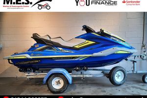 Yamaha WaveRunner FX Cruiser SVHO 2020 Yamaha WaveRunner FX Cruiser SVHO in blue on a trailer indoors.