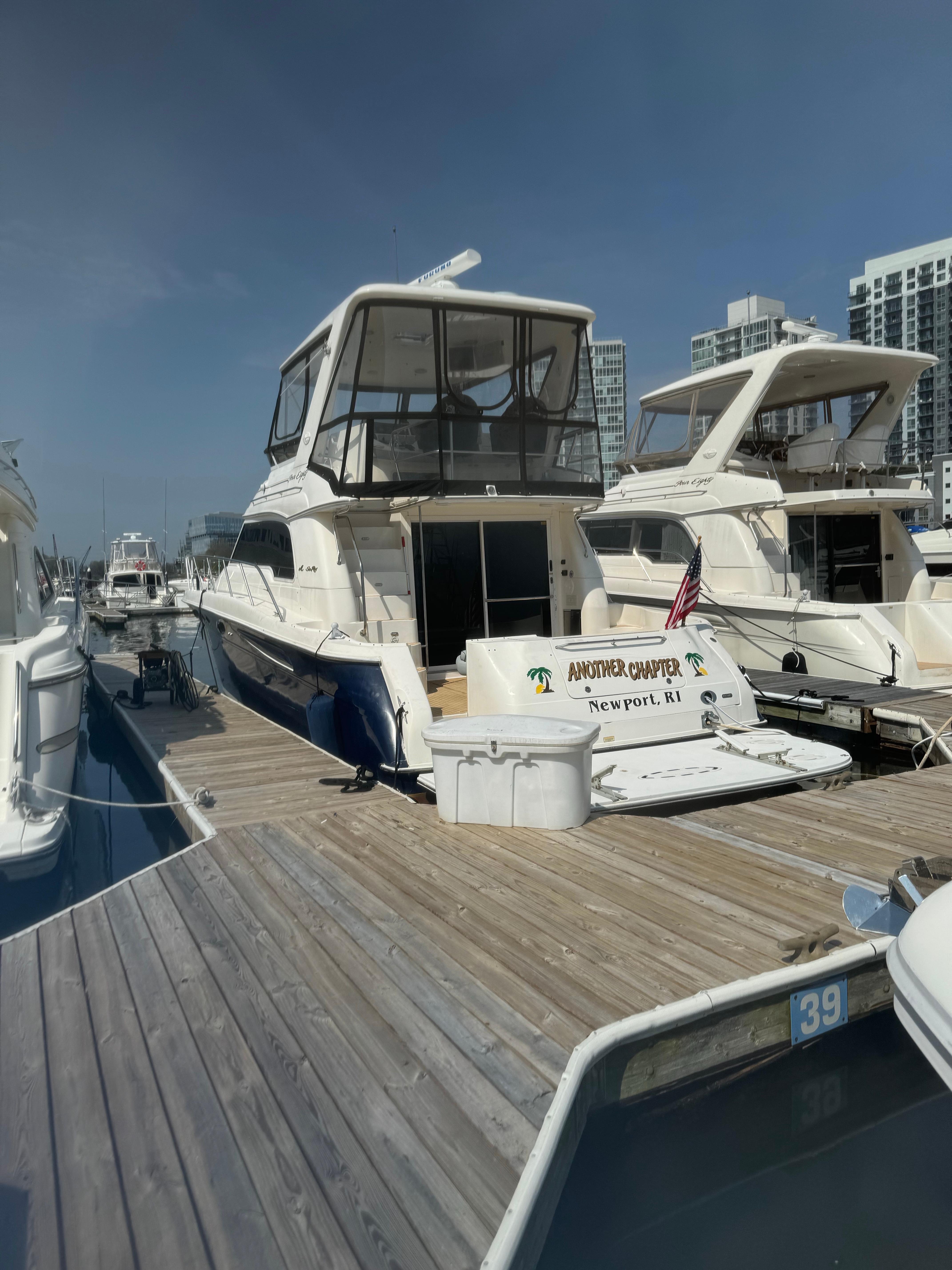 Sea Ray 480 Sedan Bridge 1999 Sea Ray 480 Sedan Bridge yacht docked at marina, Newport, RI.