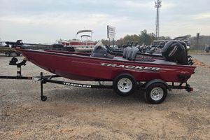 Tracker Super Guide V-16 SC 2025 Tracker Super Guide V-16 SC boat on trailer, red exterior, parked outdoors.