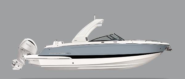 Chaparral 270 OSX 2025 Chaparral 270 OSX boat, sleek design, gray and white exterior, outboard motor, side view.