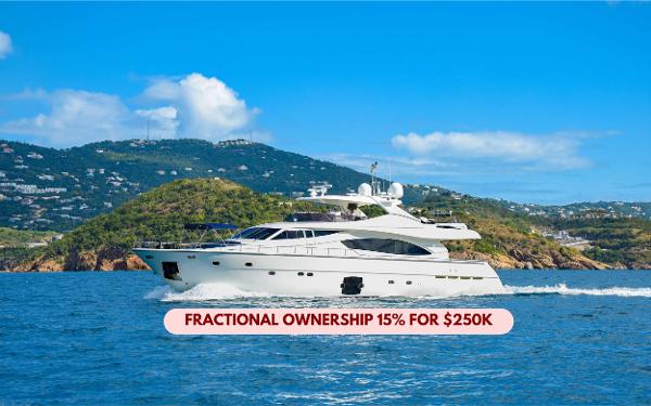Ferretti Yachts 881 Luxury Ferretti Yachts 881 cruising near scenic coastline, 2006 model, fractional ownership offer.