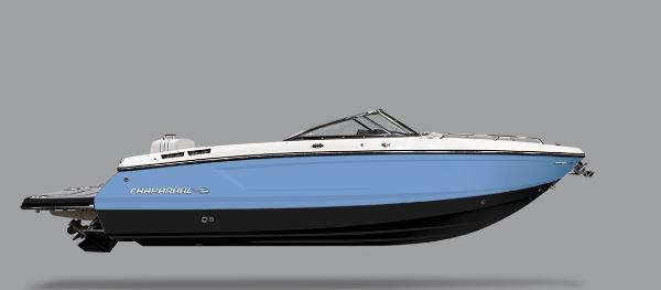 Chaparral 267 SSX 2025 Chaparral 267 SSX boat, blue and white, side view on gray background.