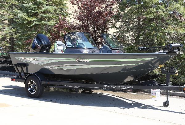 Ranger VS1682SC Angler 2024 Ranger VS1682SC Angler boat on a trailer, parked outdoors.