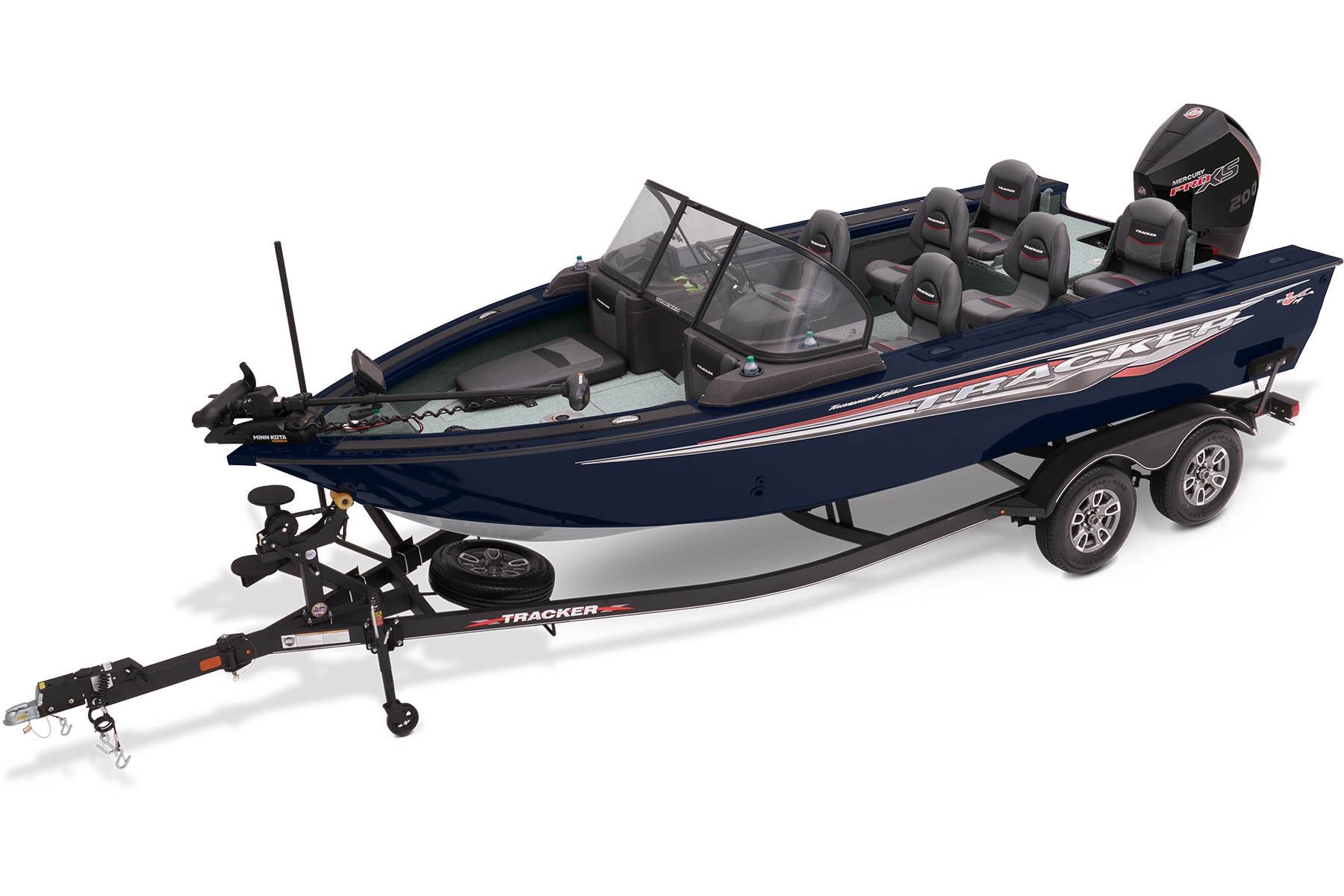 Tracker Targa V-19 Combo 2023 Tracker Targa V-19 Combo boat on trailer, featuring sleek design and multiple seats.