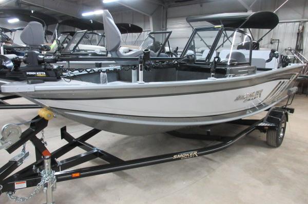 Smoker Craft Pro Angler XL 172 2023 Smoker Craft Pro Angler XL 172 boat on trailer in showroom.