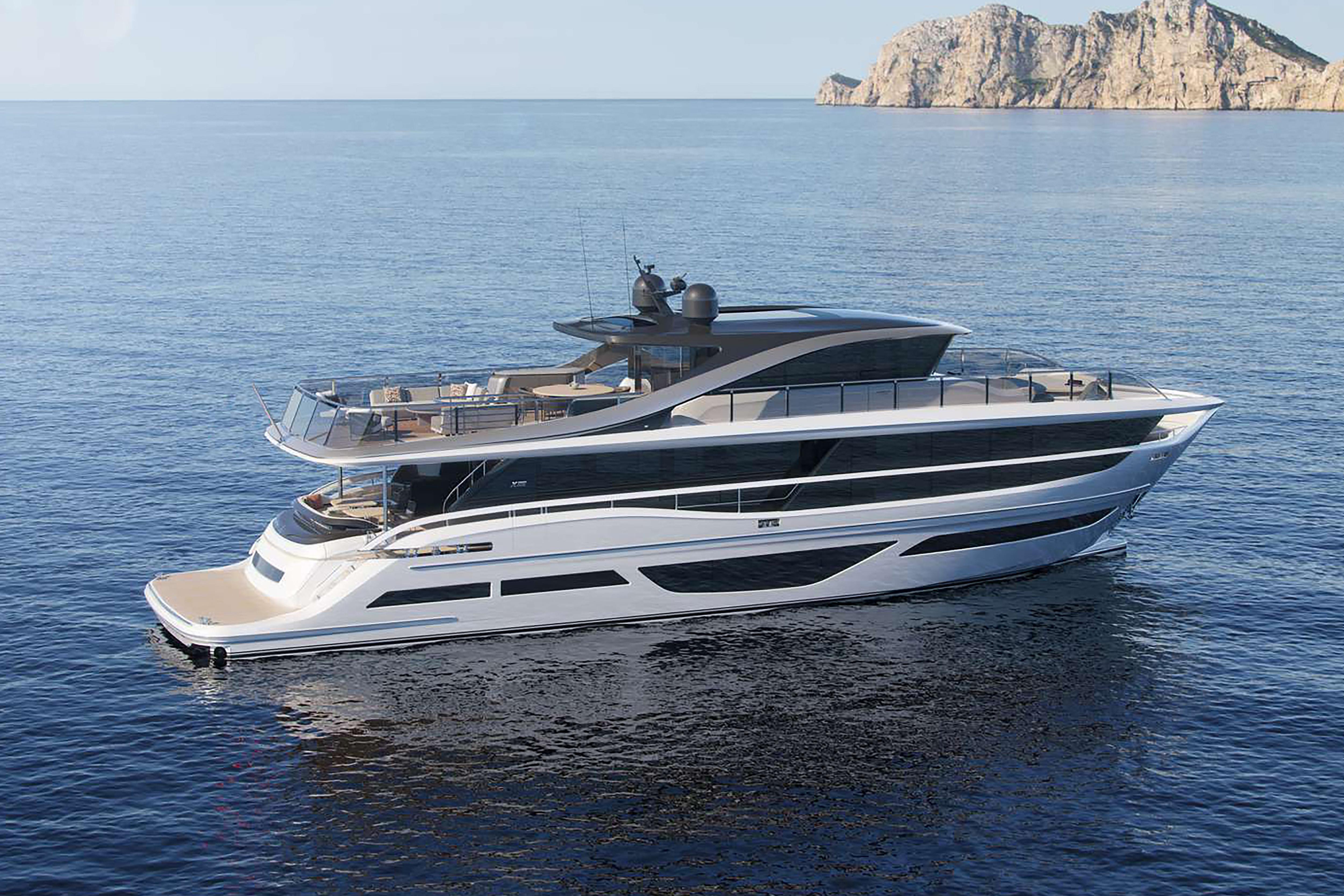 Princess X95 Luxurious 2023 Princess X95 yacht cruising on serene blue waters near rocky coastline.