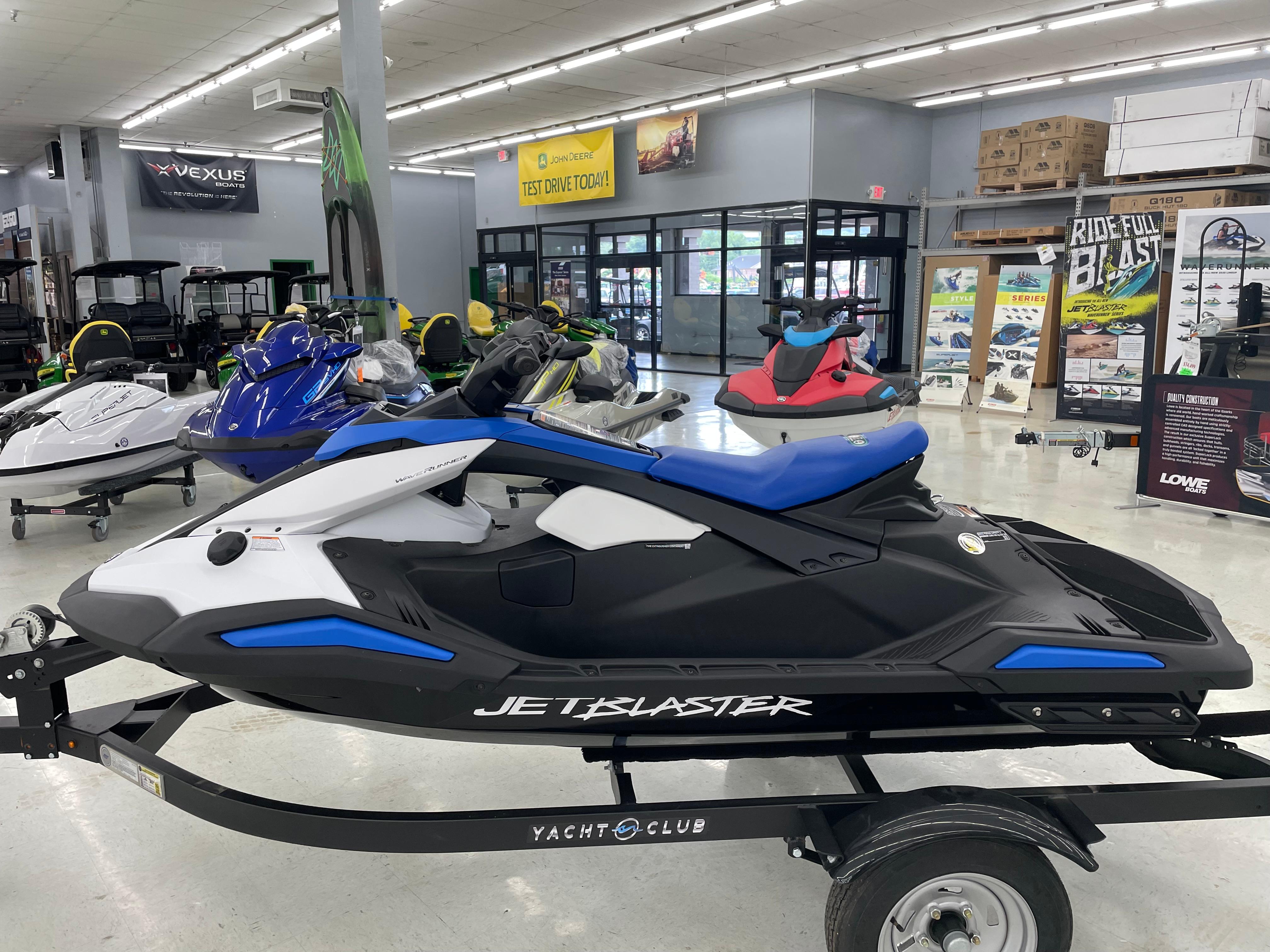Yamaha WaveRunner JetBlaster 2025 Yamaha WaveRunner JetBlaster displayed in a showroom, featuring sleek design and vibrant colors.