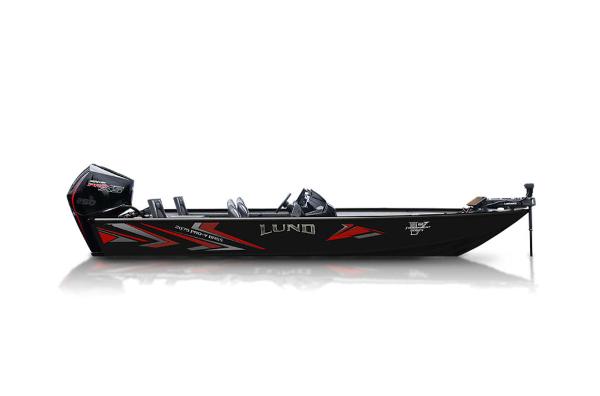 Lund 2075 Pro-V Bass XS 2025 Lund 2075 Pro-V Bass XS boat, sleek black design with red accents.