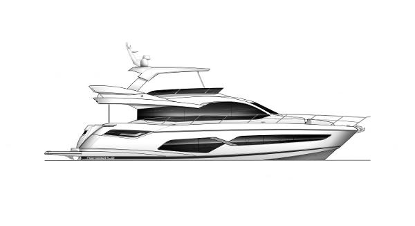 Sunseeker Manhattan 68 2026 Sunseeker Manhattan 68 yacht, sleek design, side profile illustration.