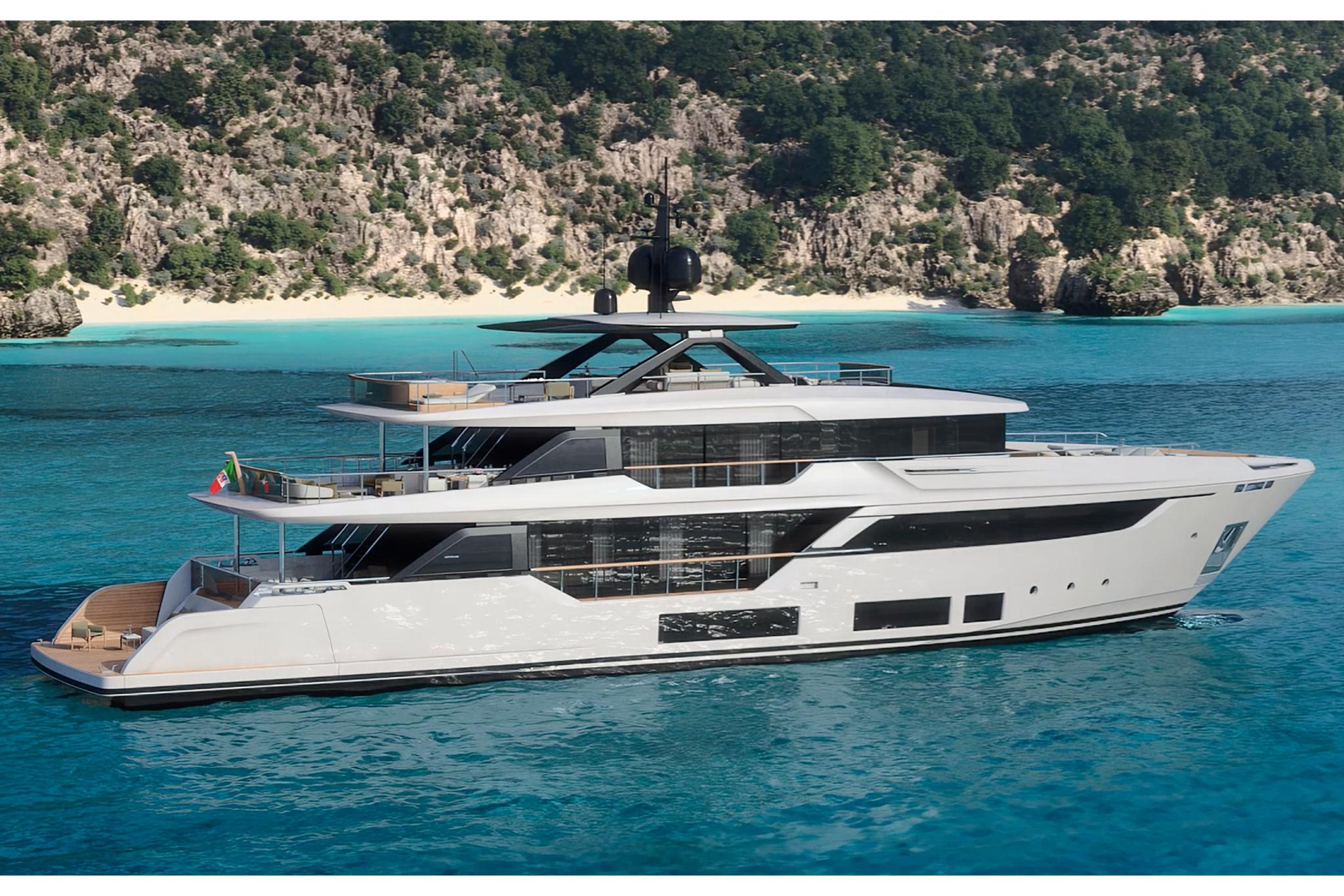 Custom Line NAVETTA 38 Luxurious 2026 Custom Line NAVETTA 38 yacht cruising in turquoise waters near a scenic coastline.