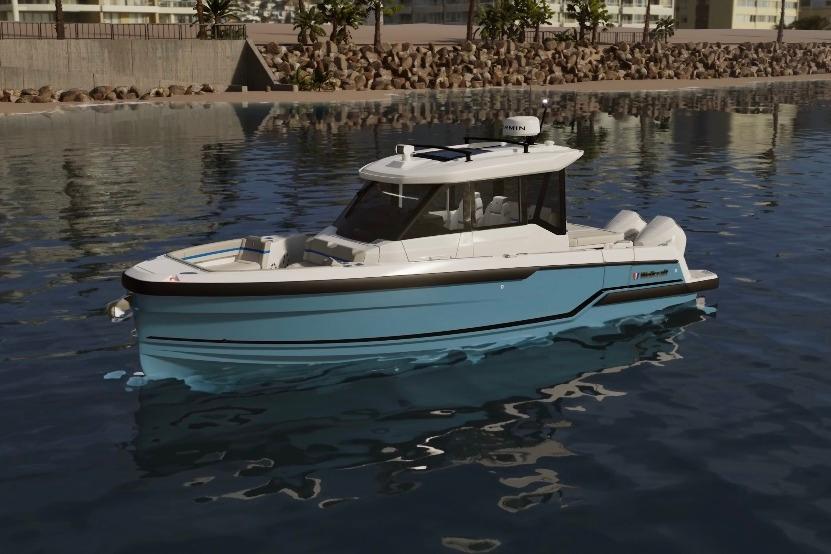 Wellcraft 28 Explorer 2026 Wellcraft 28 Explorer boat on calm water, near a rocky shoreline.